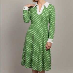 Vintage Dagger Collar Mini Dress Green White Polka Dots